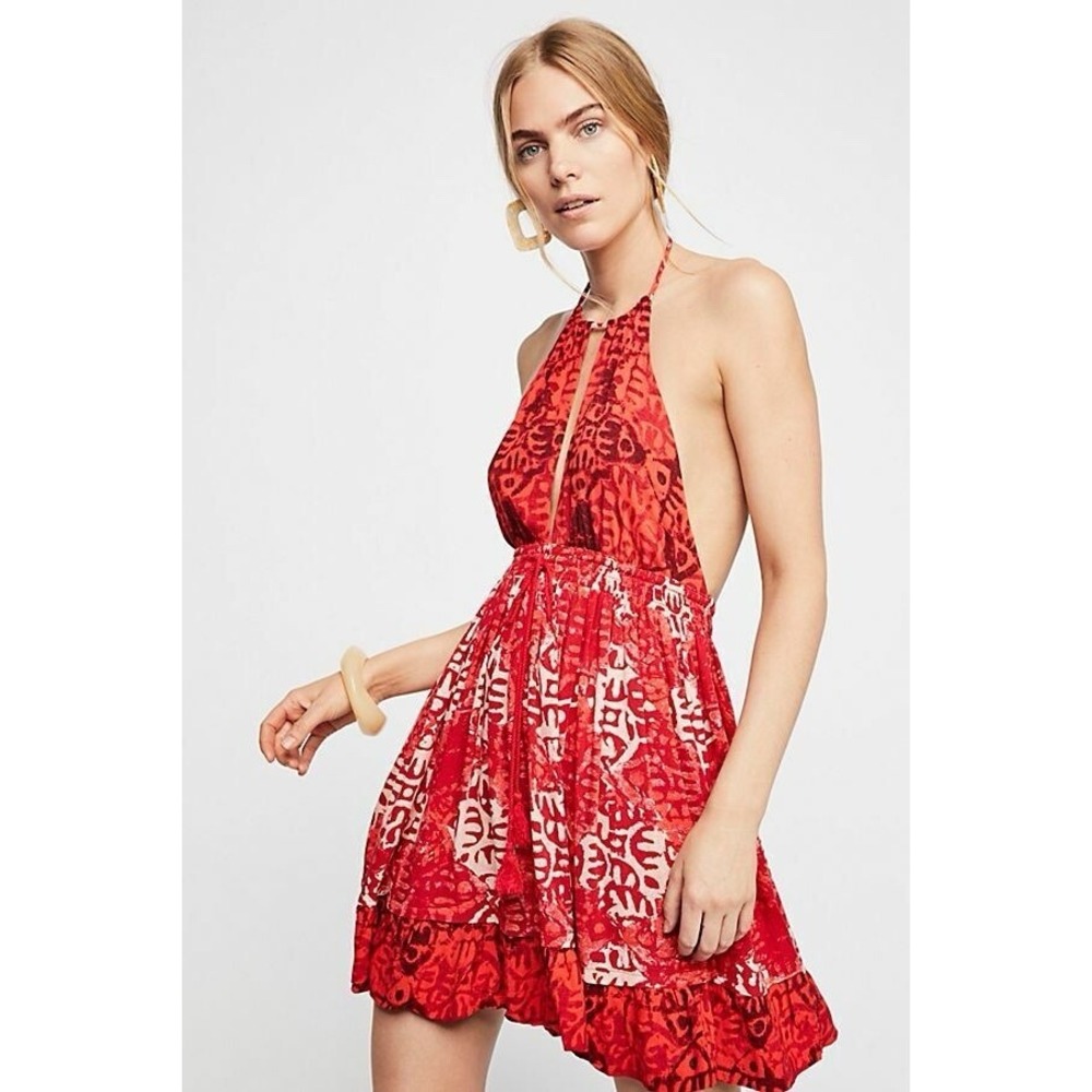 Free People Dress Beach Day Red And White‎ Halter Flowy Mini Boho Size L